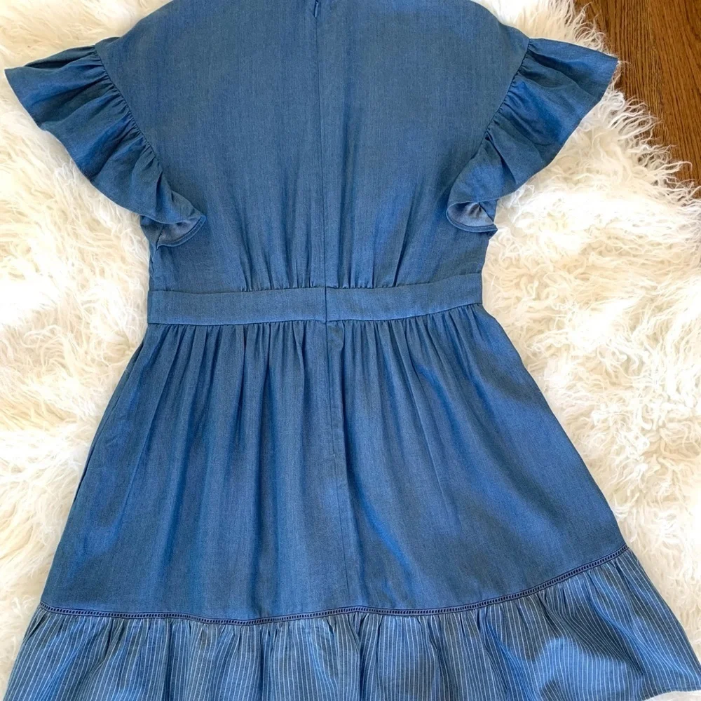 NEW KATE SPADE Chambray Fluffer Sleeve Ruffle Hem Indigo Mini Dress size 8 - Picture 10 of 16